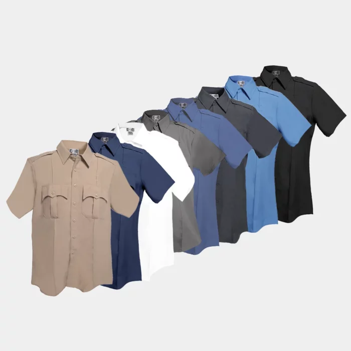 100% Polyester Short Sleeve Uniform Shirt showcasing military-inspired creases and button-attached epaulets